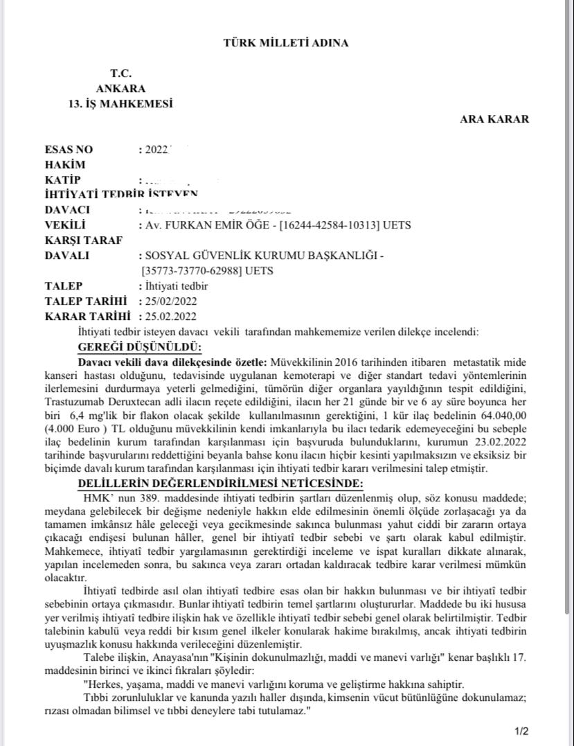 Trastuzumab Deruxtexan İLACININ TEDBİREN KARŞILANMASI HAKKINDA KARAR.